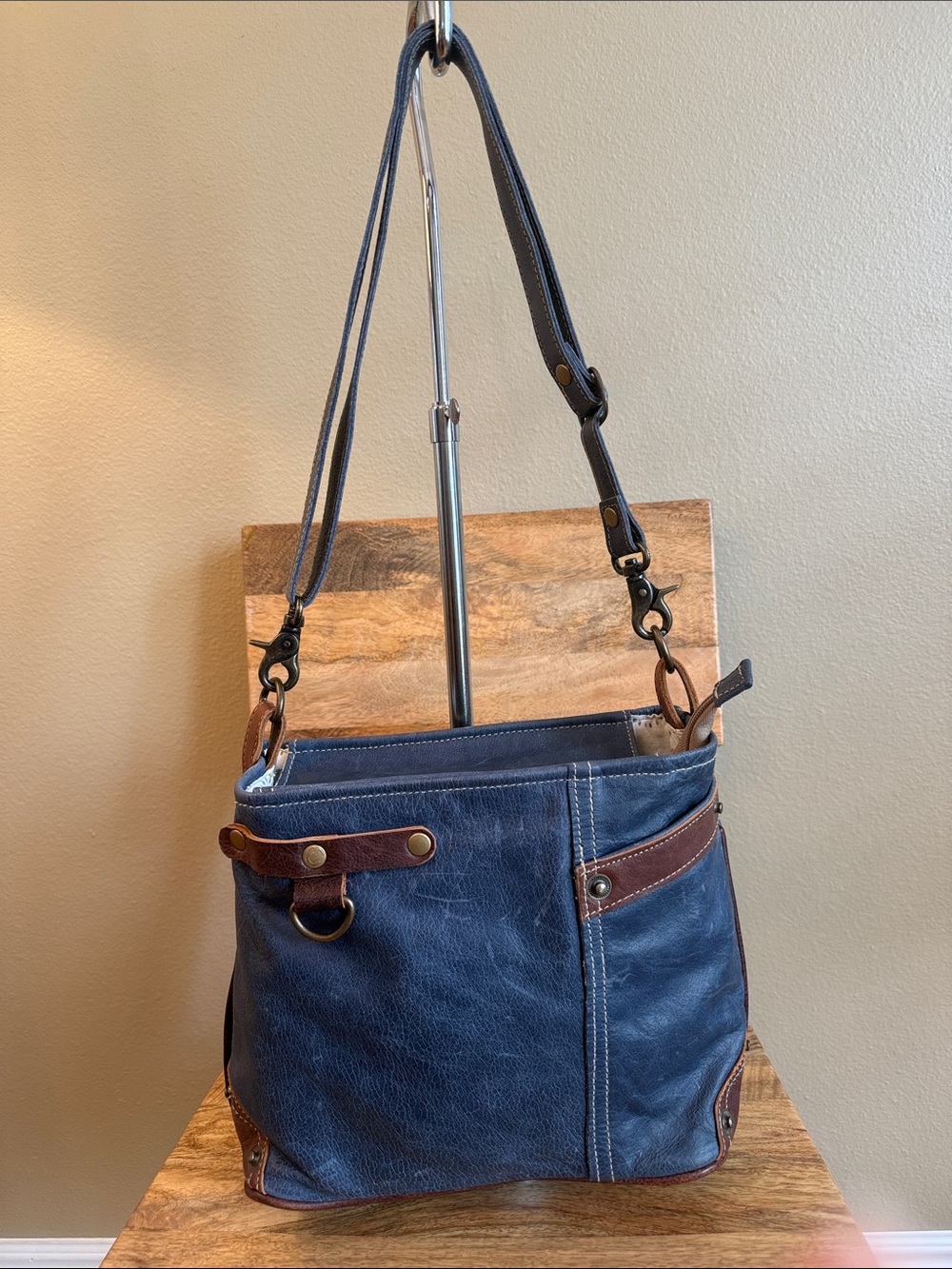 Myra Cornflower Blue Leather Bag with Brown Trim